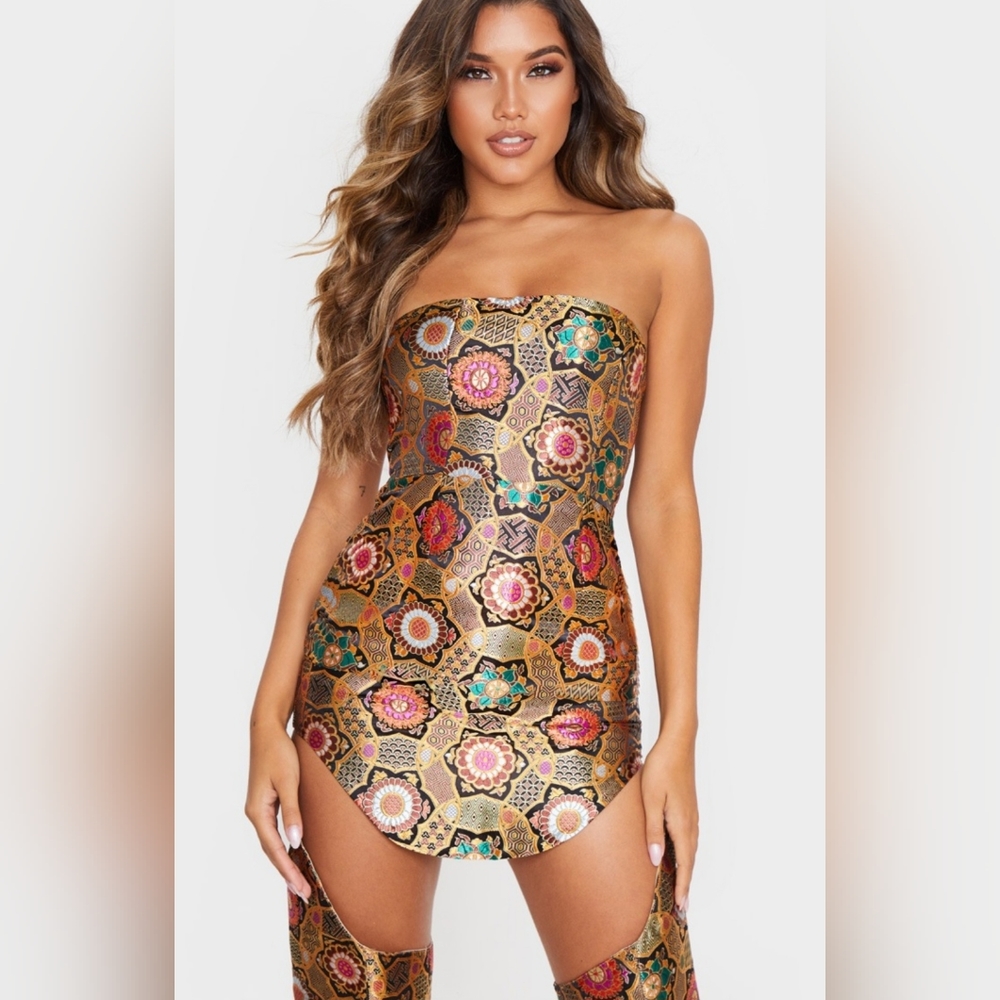 PLT x Little Mix Gold Jacqard Dress